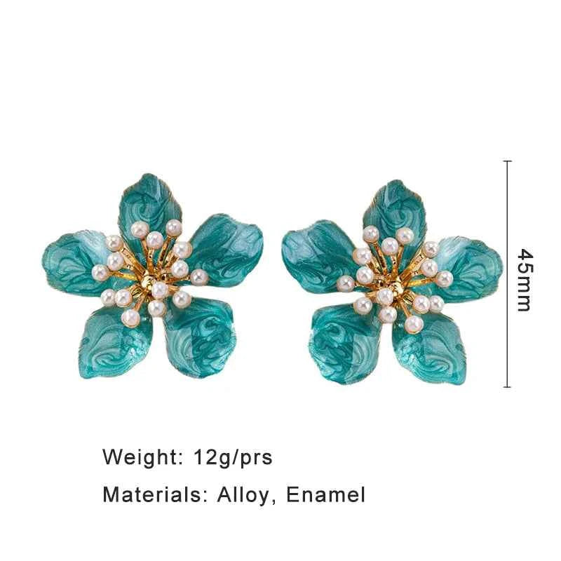 Stamping Metal Flower Enamel Petal Post Earrings For Women Imitation Pearl Multi Color Spring Summer Fashion Jewelry Gift MQF086