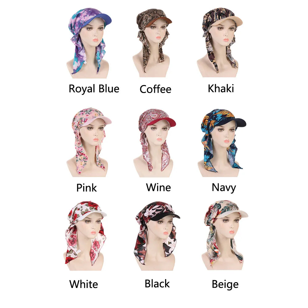 Fashion Muslim Floral Print Hijab Turban Hat for Women Visor Baseball Cap Sun Hats Headscarf Scarf Brim Femme Scarves Bandanas - NamafadStore