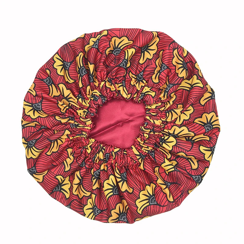 New African Ankara Pattern Satin Linned Bonnet Women Long Ribbon Headwrap Double Layer Headscarf Big Size Adult Hair Cover