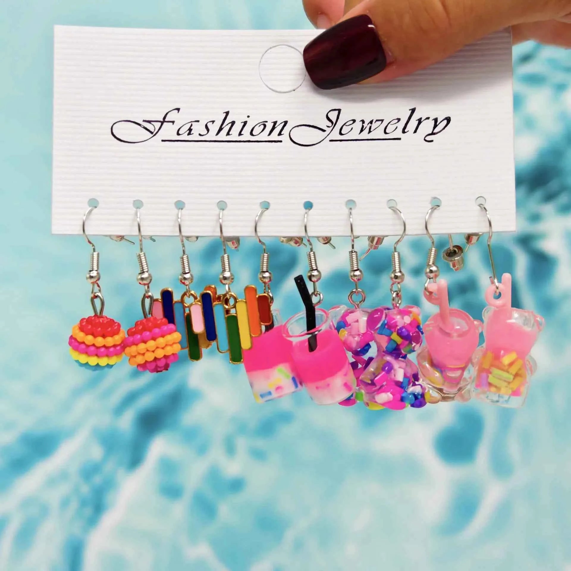 cartoon candy color matching resin earrings cherry mushroom donut ice cream combination set