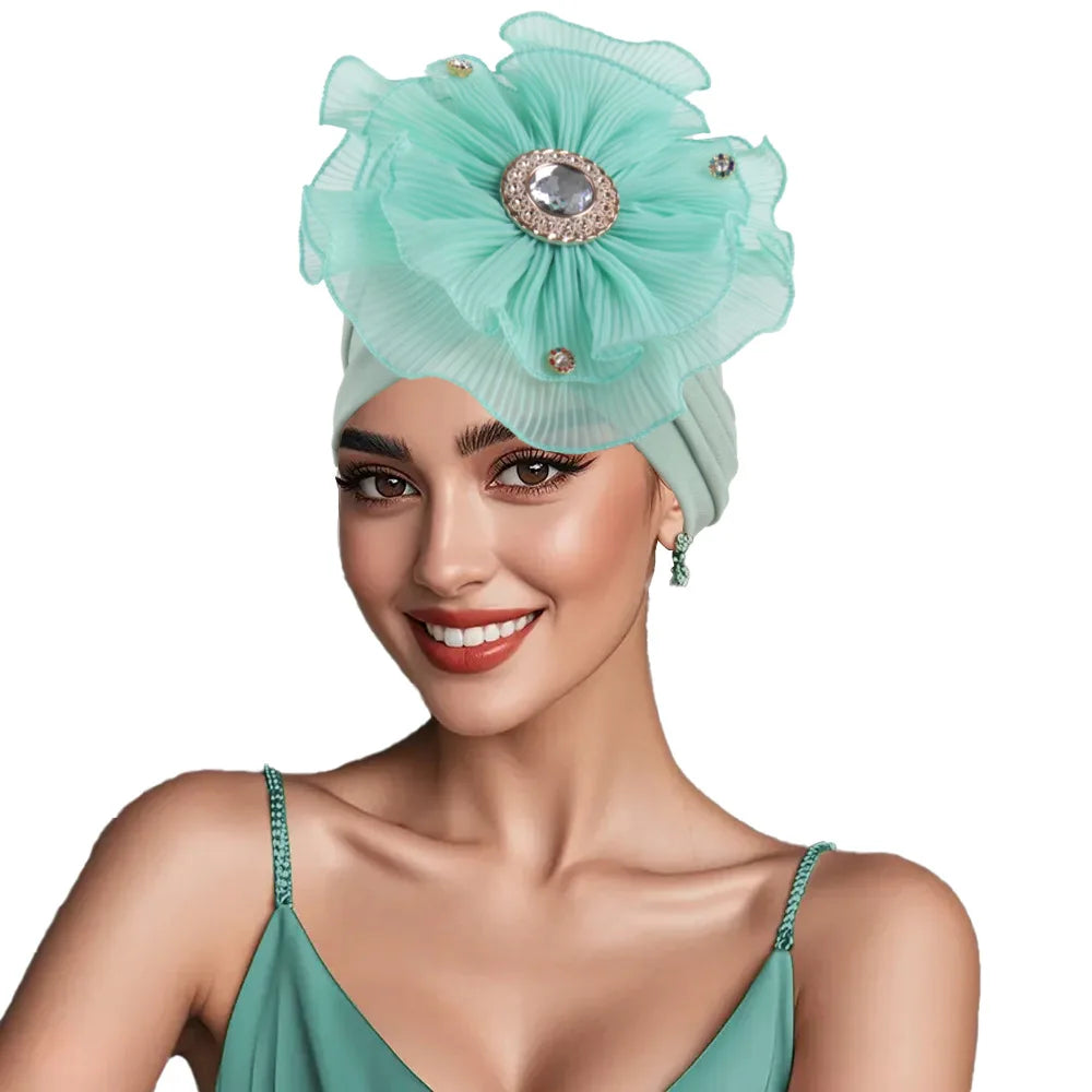 Trendy Crinkle Hijab Solid Color Muslim Ladies Turban Bonnet with Flower Decor for Ramadan and Everyday Wear