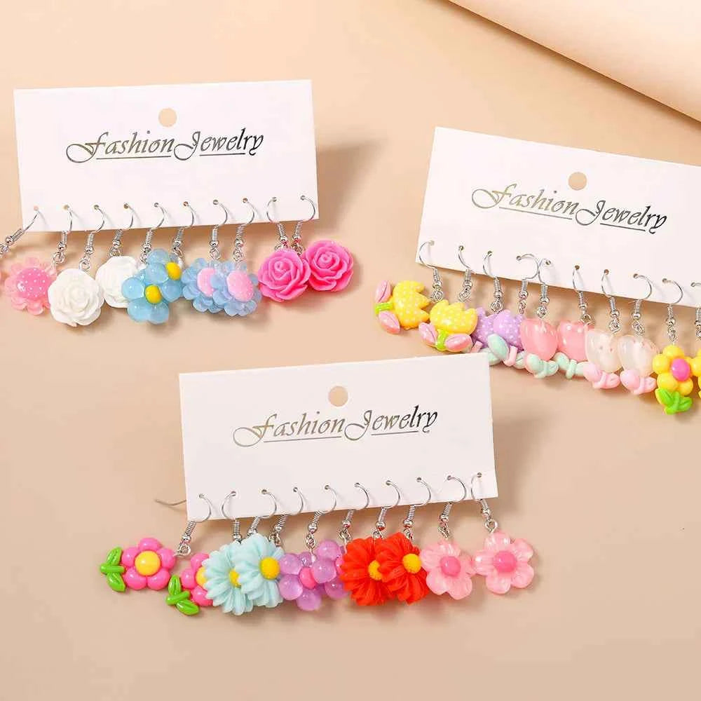Cute 5 Pairs Flower Earrings for Women Girls Colorful Dangle Drop Earrings Handmade Kids Jewelry Gifts