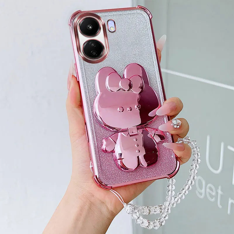 Luxury Shockproof Phone Case with Cute Rabbit Makeup Swivel Stand Crystal Lanyard For Xiaomi Redmi 13C 4G Poco C65 Back Cover