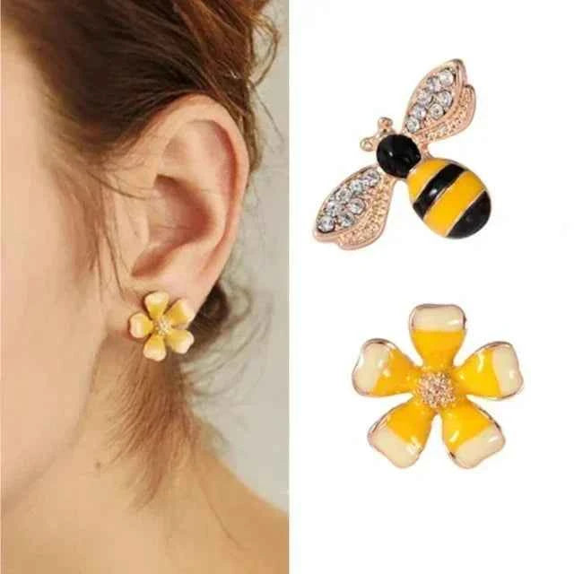 Women Summer Fashion Cute Bee Flower Earrings Girl's Versatile Style Asymmetric Creative Exquisite Earrings Gifts Accessories