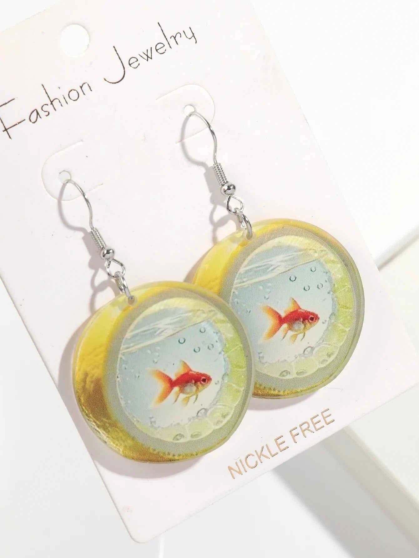 Cute Cartoon 2D Lemon Fish Acrylic Print Drop Earrings for Women Funny Round Carp Dangle Earring Creative Jewelry Birthday Gift