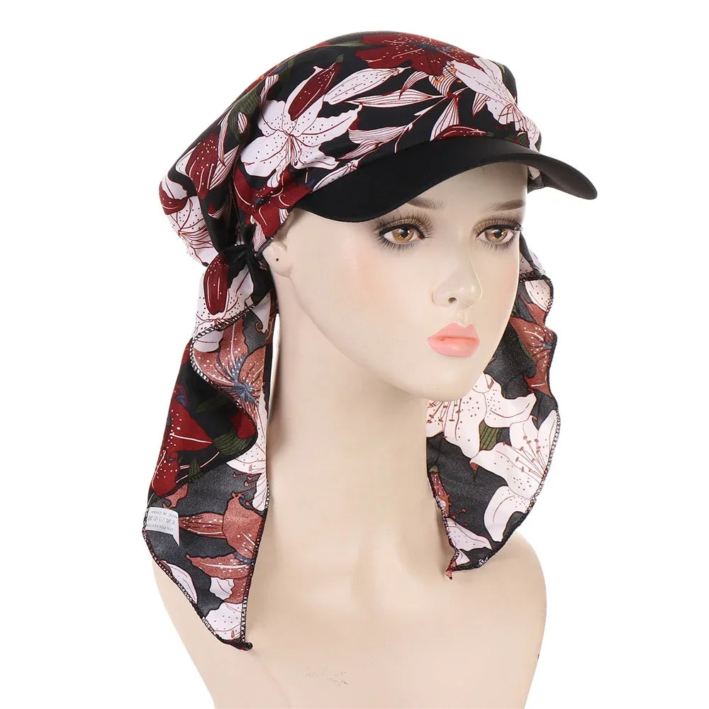 Fashion Muslim Floral Print Hijab Turban Hat for Women Visor Baseball Cap Sun Hats Headscarf Scarf Brim Femme Scarves Bandanas - NamafadStore