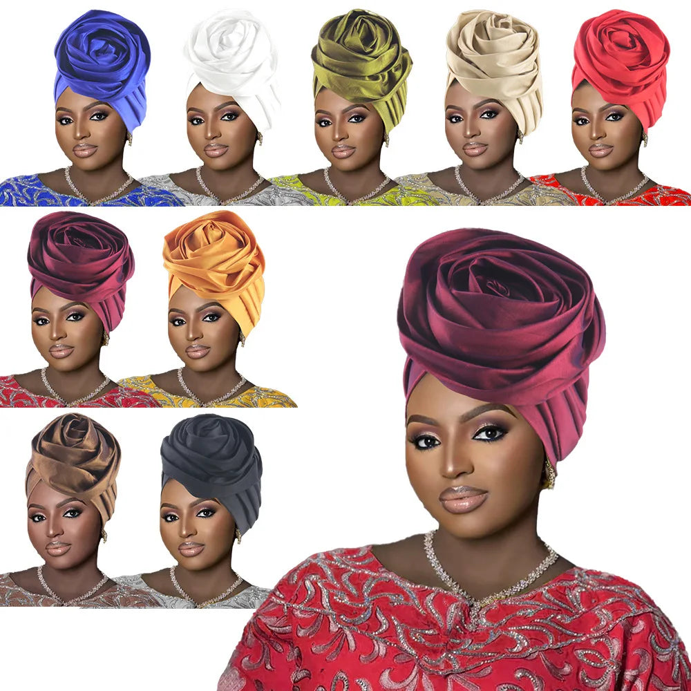 Women Party Turban Big Flower Head Wrap Chemo Cap Nigeria Wedding Headwear Muslim Hijab Bonnet Headscarf Skullies Turbante Mujer