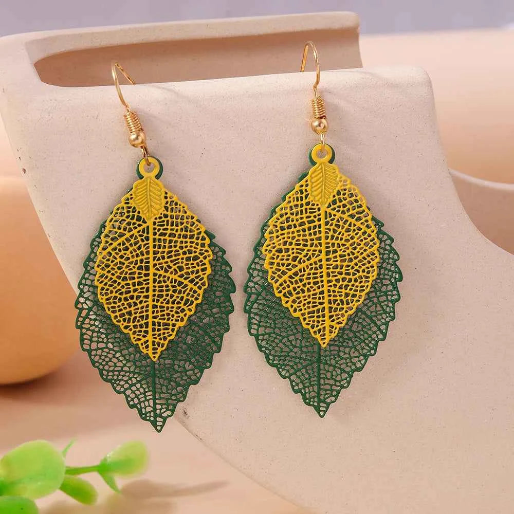 Colorful Bohemia Hollow Double Leaf Drop Earrings for Women Girls Dangle Earrings Party Holiday Jewelry Gifts