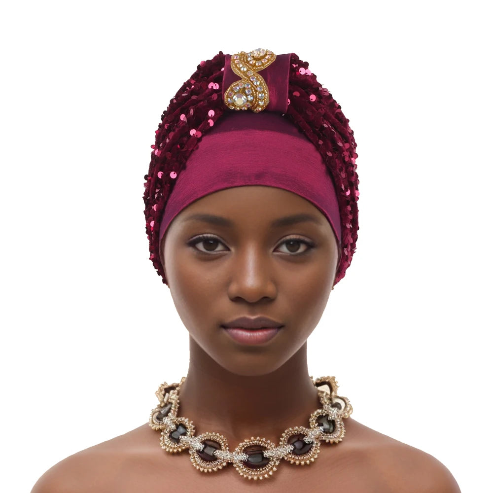 Shining Diamond Sequins Women's Turban Cap African Hat Headtie Bonnet Muslim Headwear Top Knotted Head Caps Turbante Mejur - NamafadStore