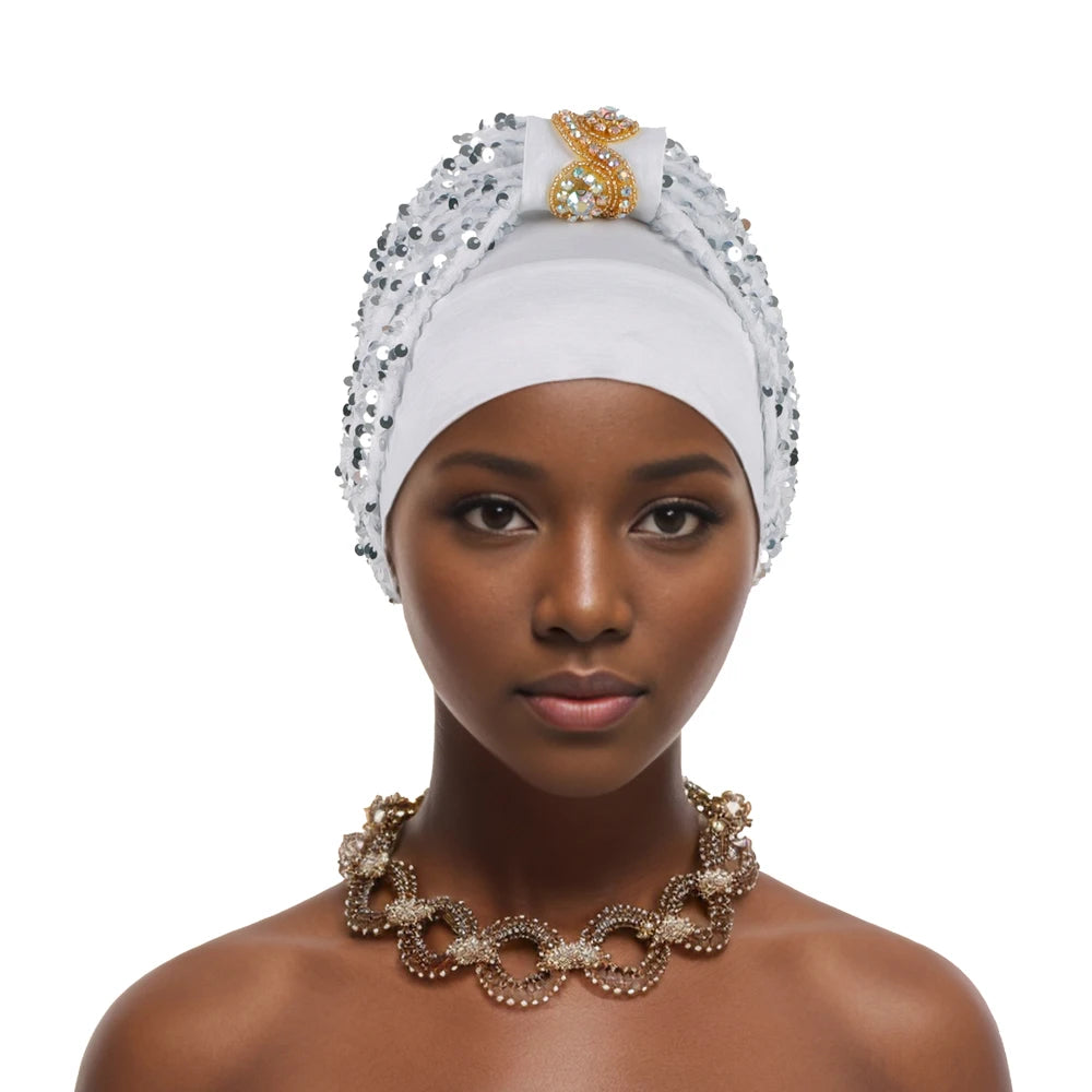 Shining Diamond Sequins Women's Turban Cap African Hat Headtie Bonnet Muslim Headwear Top Knotted Head Caps Turbante Mejur - NamafadStore