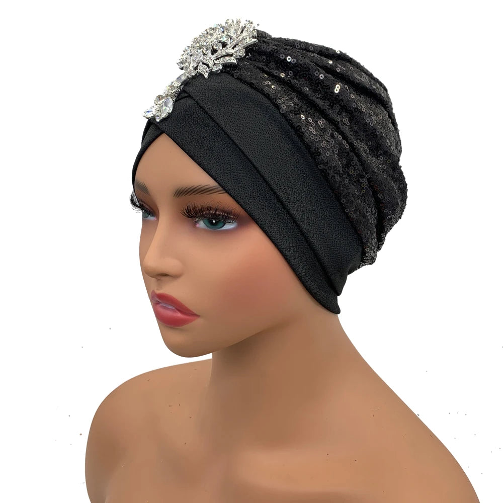 Luxury Rhinestones Turban Cap for Women Soft Comfortable Head Wraps Muslim Headscarf Bonnet  Turbante Mujer - NamafadStore