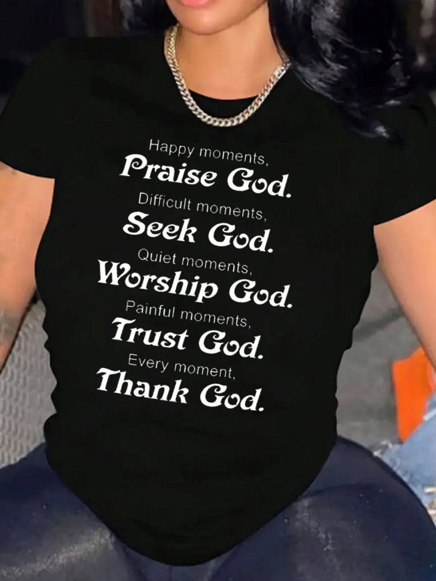 Praise Seek Trust God Women's Tee - Christian Quote White Top