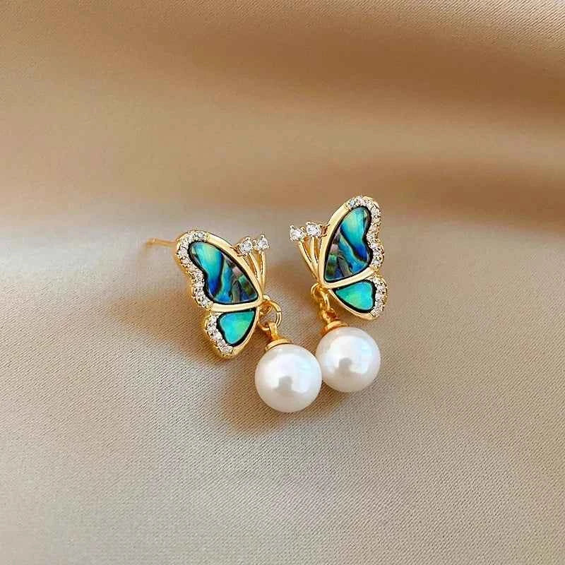 Korean new fashion jewelry 14K gold plated natural shell butterfly zircon pearl earrings elegant women's daily work accessories