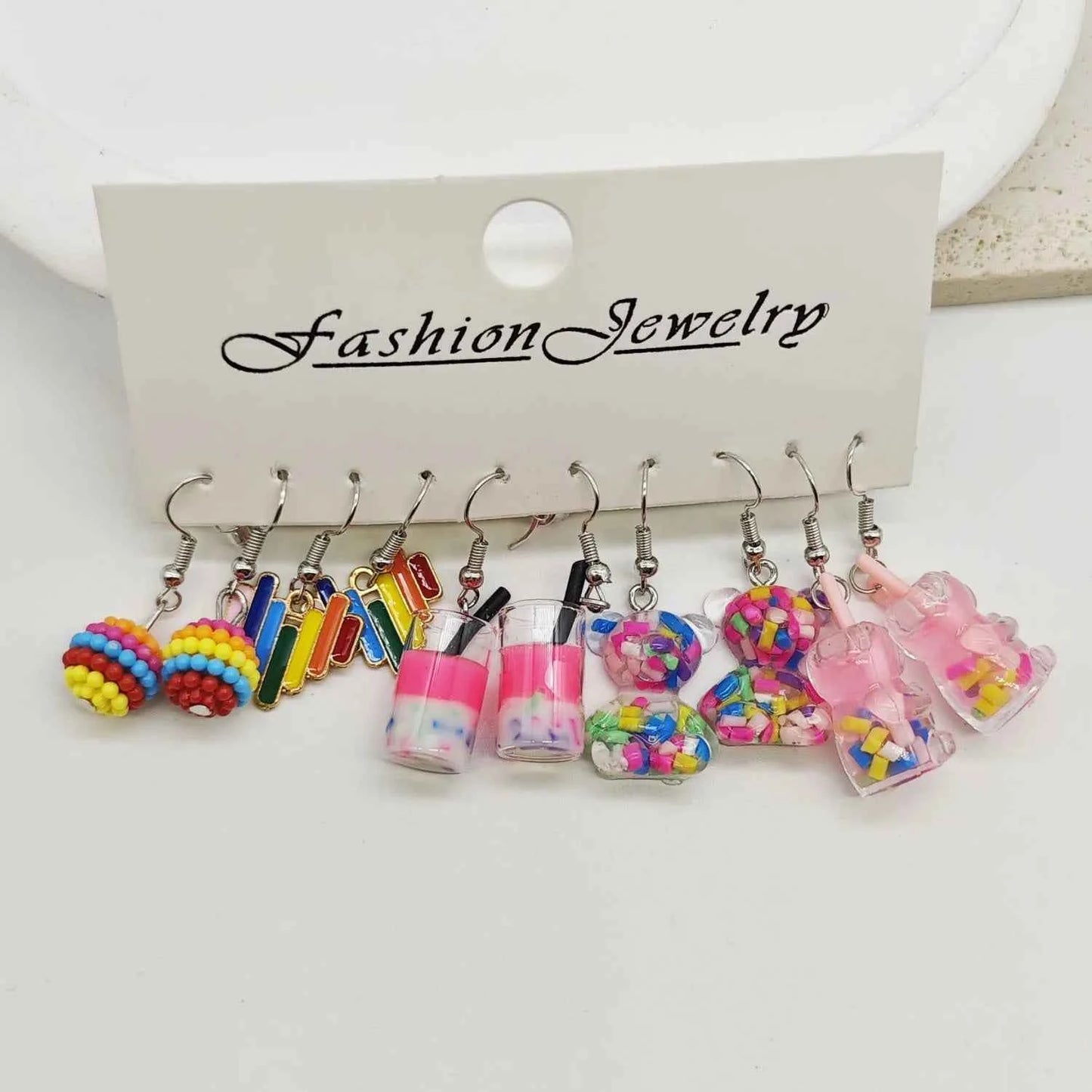 cartoon candy color matching resin earrings cherry mushroom donut ice cream combination set