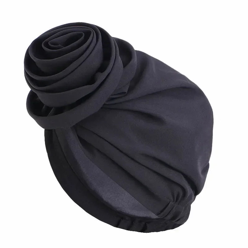 Big Flower Muslim Women Turban Satin Head Wrap Hijab Sleep Night Hat Chemo Cap Indian Elastic Beanie Ladies Hair Loss Headwear - NamafadStore