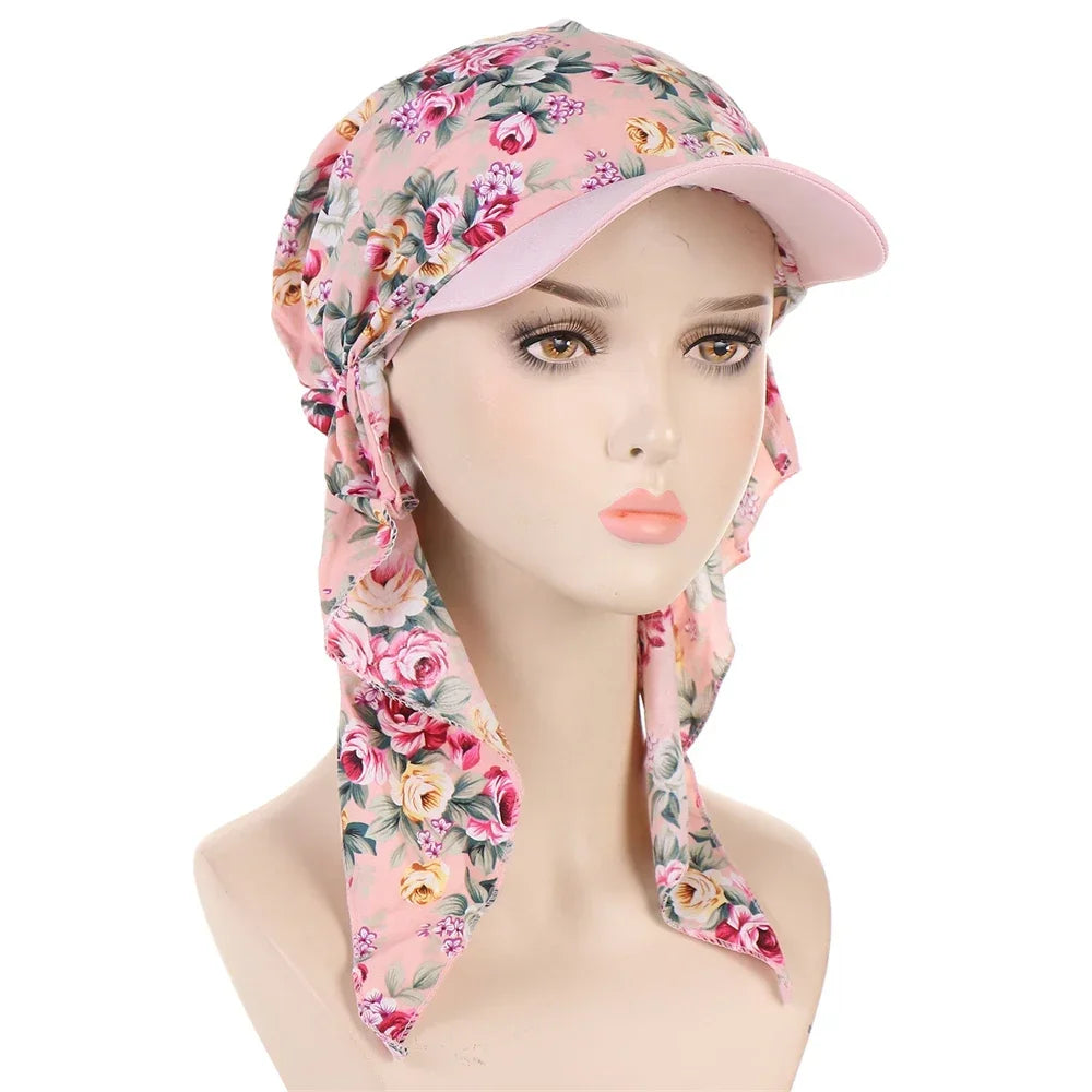 Fashion Muslim Floral Print Hijab Turban Hat for Women Visor Baseball Cap Sun Hats Headscarf Scarf Brim Femme Scarves Bandanas