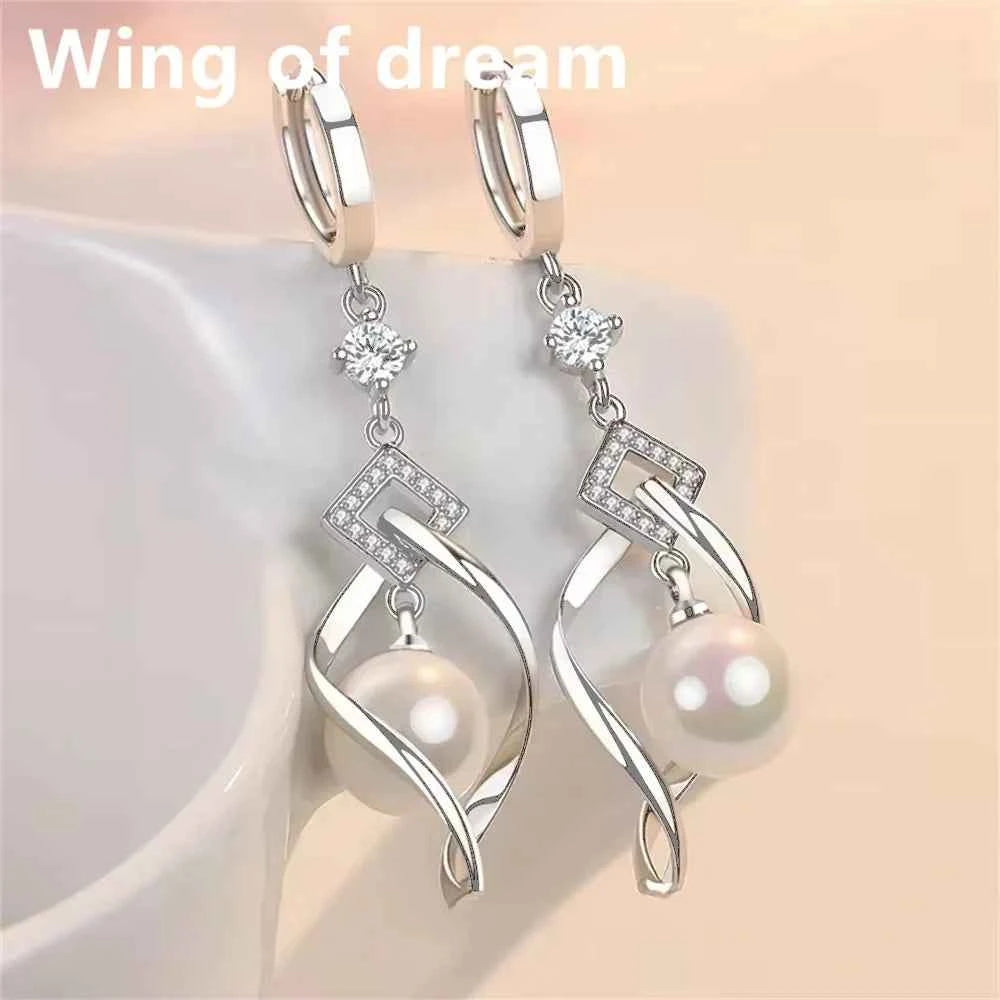 925 Sterling Silver Crystal Zirconia Natural Pearl Earrings, Women's Fashion Gorgeous Wedding Engagement Party Jewelry