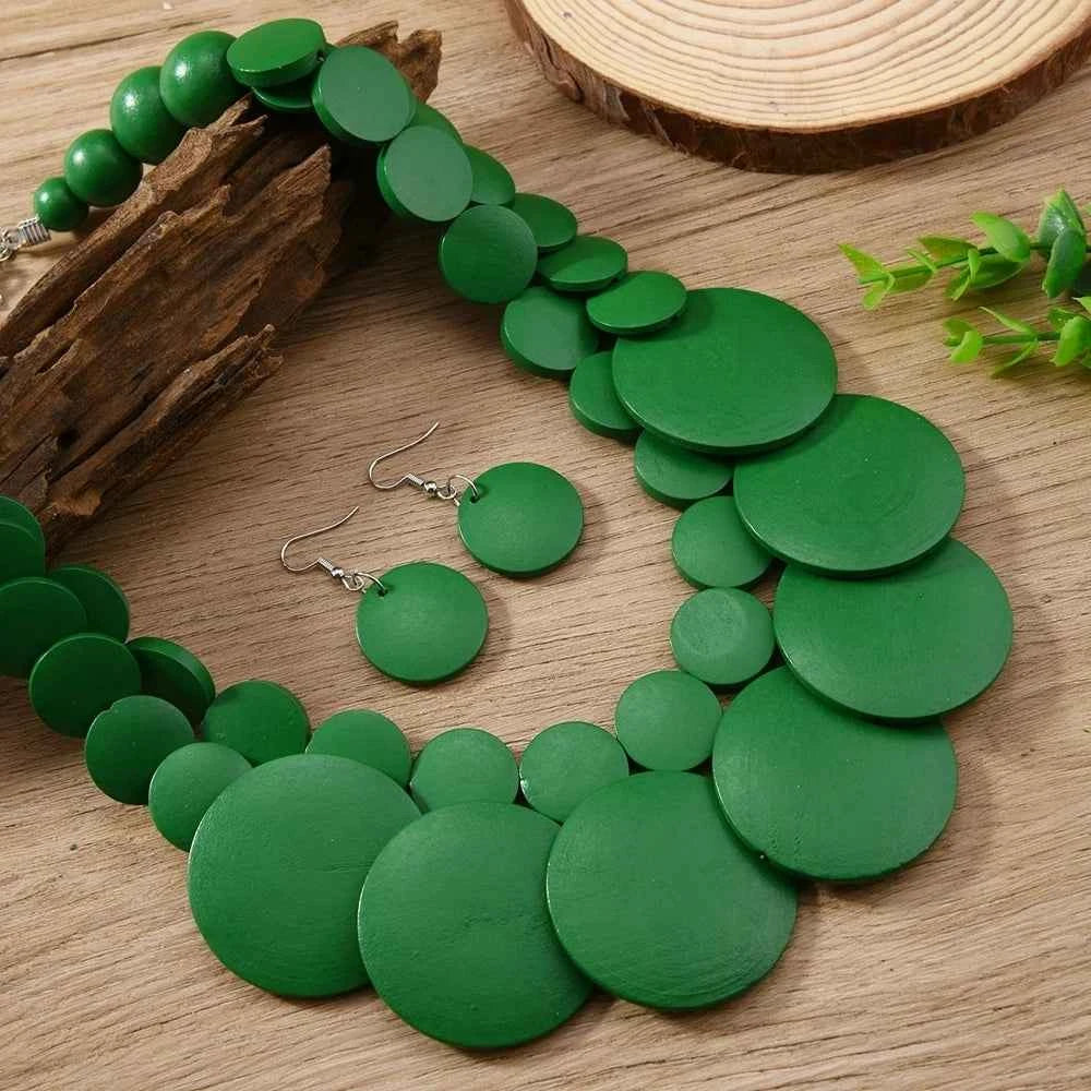 African Jewelry Bohemian Colored Geometric Round Wooden Beads Handmade Bead Necklace And Earrings Women's Party Accessories