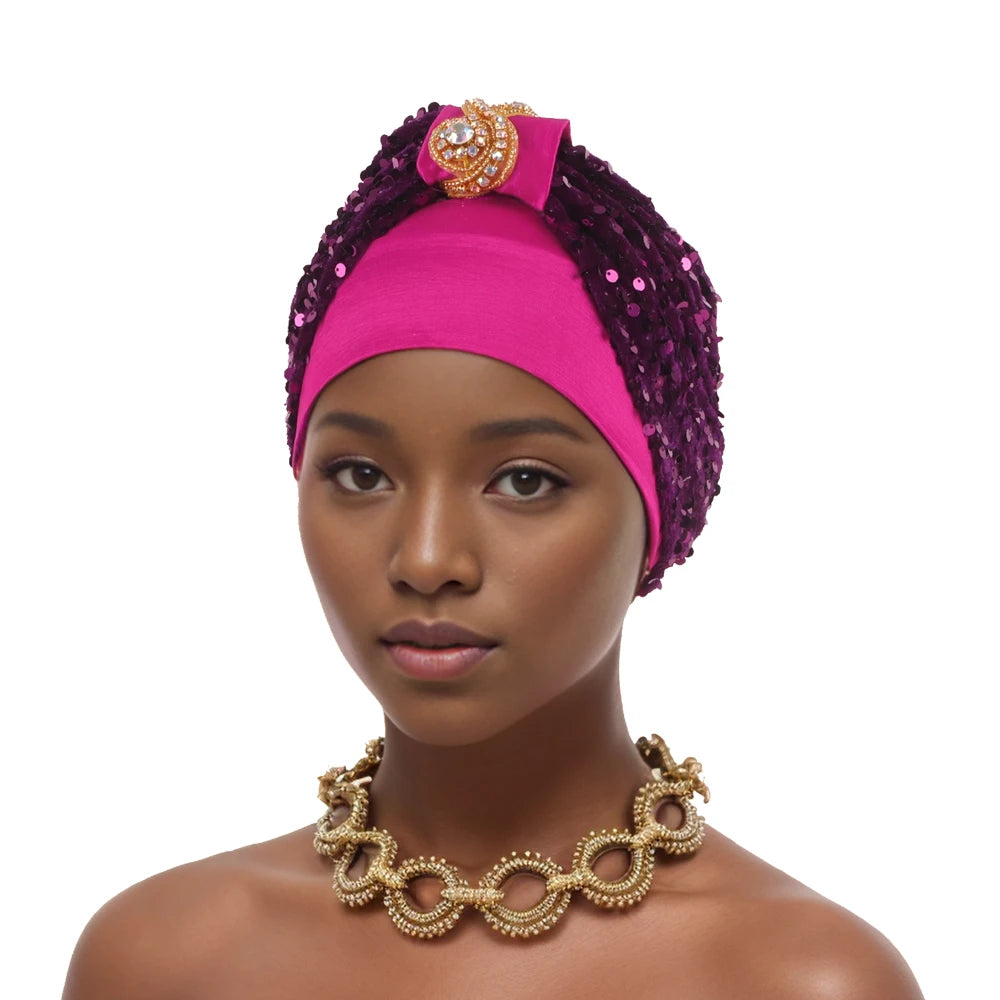 Shining Diamond Sequins Women's Turban Cap African Hat Headtie Bonnet Muslim Headwear Top Knotted Head Caps Turbante Mejur - NamafadStore