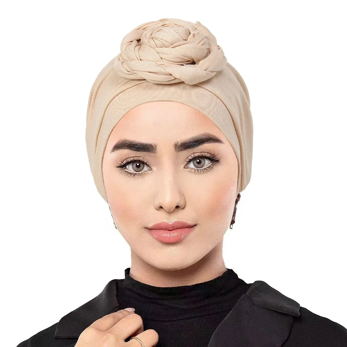 Trendy Crinkle Hijab Solid Color Muslim Ladies Turban Bonnet with Flower Decor for Ramadan and Everyday Wear