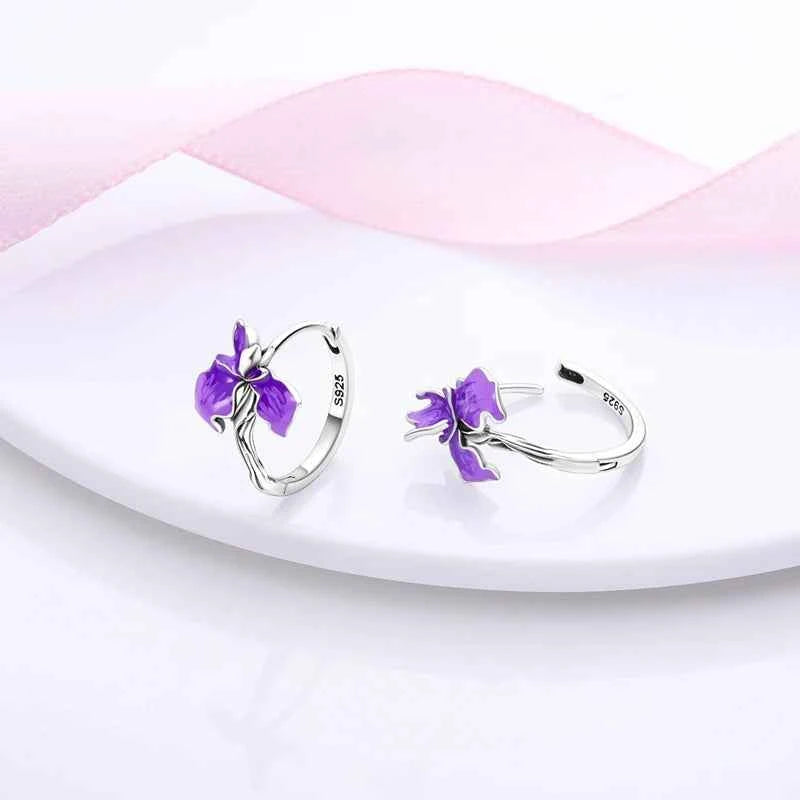 New Original 925 Sterling Silver Hoop Earrings Purple Zircon Flowers Butterflies Studs Earring For Women Wedding Engagement Gift