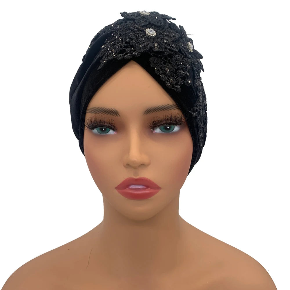 Applique Flower Embroidery Turban Caps for Women Ruffle Velvet Headscarf Bonnet Hat Female Head Wraps Turbante Mujer - NamafadStore