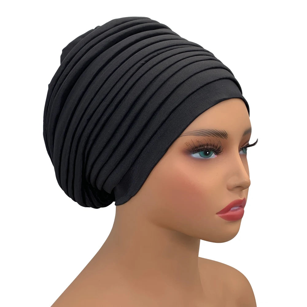 New Raw Silk Pleated Turban Cap for Women African Female Head Wraps Nigeria Lady Headwear Hat Wedding Headtie - NamafadStore