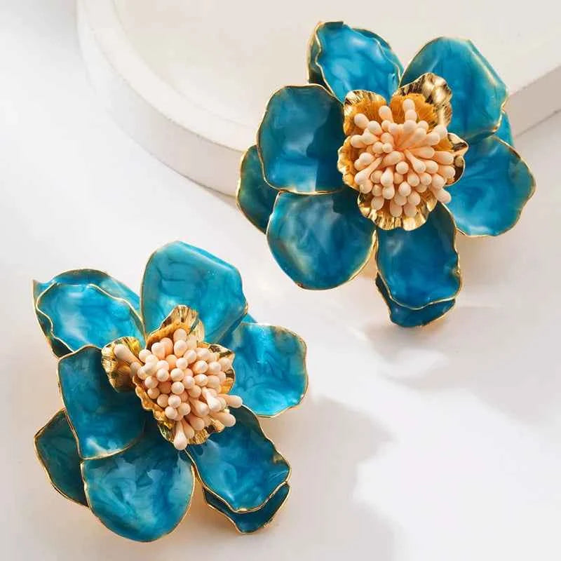 Two-tone Large Metal Flower Enamel Post Earrings For Women Fashion Jewelry Holiday Accessories Wholesales Trendy New Style MQ644