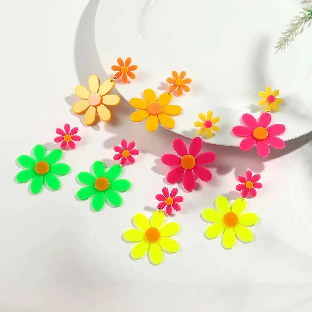 Boho Colorful Acrylic Sunflower Long Earrings for Women Korean Trendy Big Daisy Flower Drop Earring Cute Jewelry Birthday Gifts