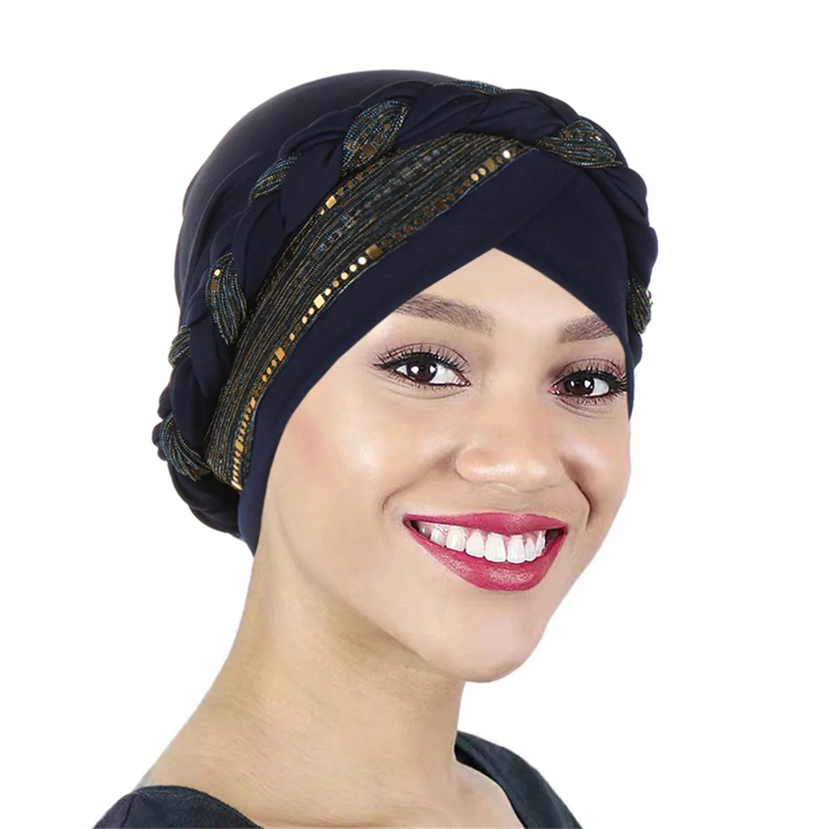 Color Blocked Bright Silk Braid Women Hijabs Turban Hat Solid Color Head Wraps Pre-tied Elastic Head Scarf Beanies Chemo Cap - NamafadStore