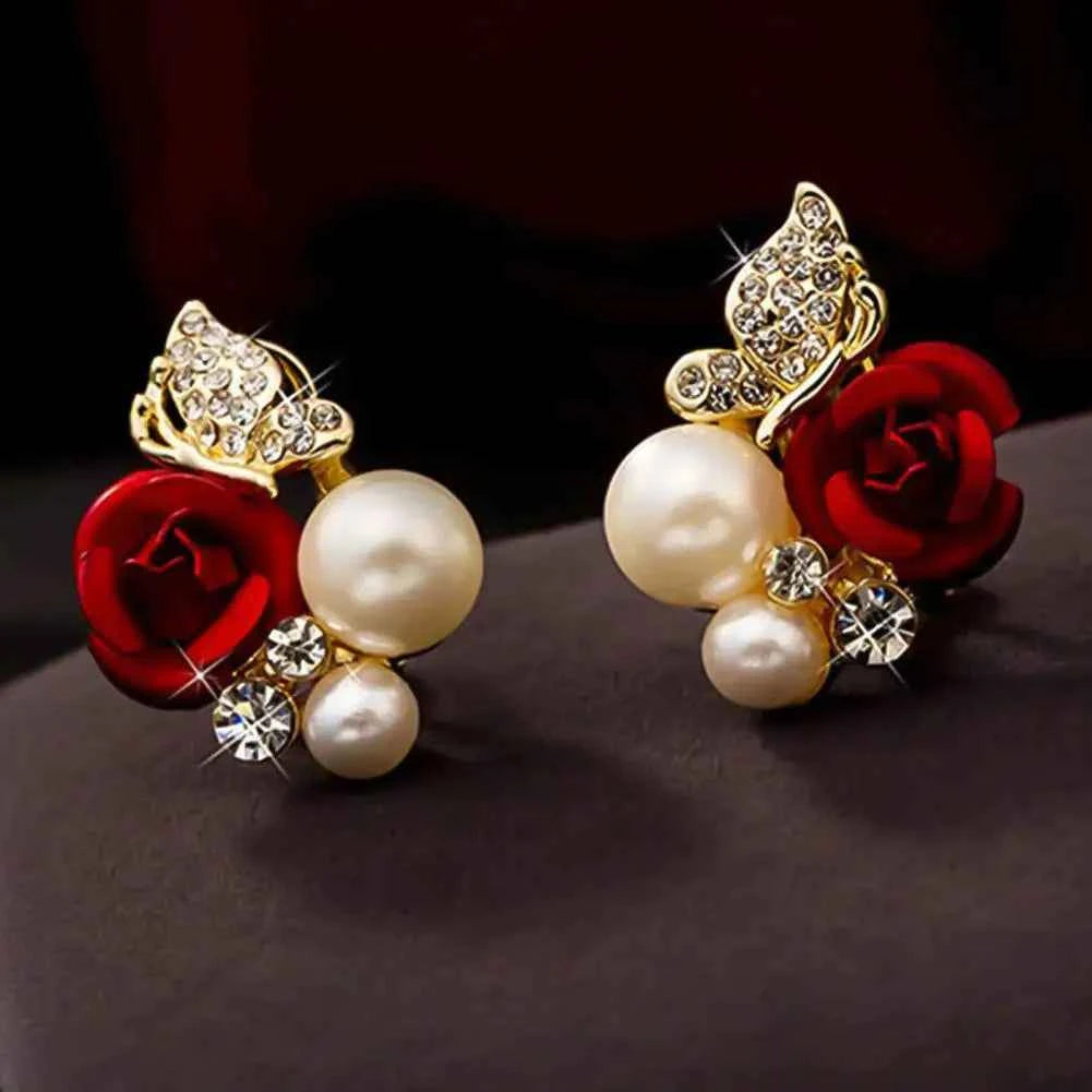 Red Rose Flower Faux Pearl Women Earrings Decor Exquisite Alloy Ear Studs Jewelry Gift for Party Stud Earrings