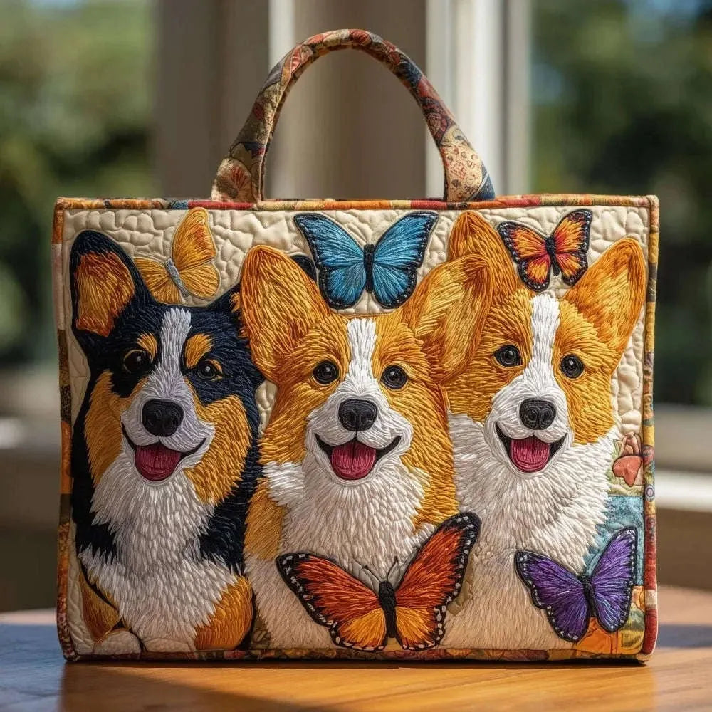 Quilted canvas tote bag with puppy faces and colorful butterflies, top handles