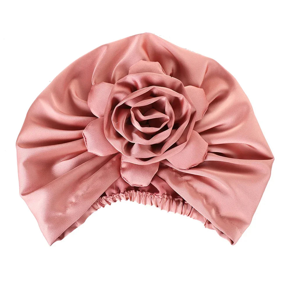 Big Flower Muslim Women Turban Satin Head Wrap Hijab Sleep Night Hat Chemo Cap Indian Elastic Beanie Ladies Hair Loss Headwear - NamafadStore
