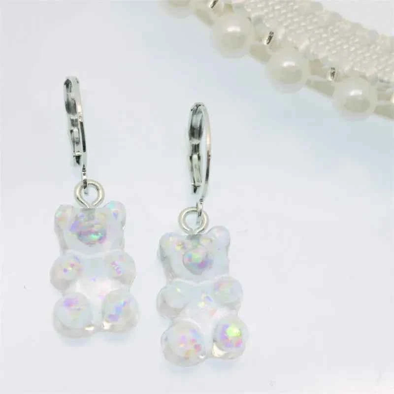 2022 Pink Bear Gummy Cartoon Dangle Earrings For Women Colorful Sequins Gradient Bear Hoop Earring Cute Girl Lucky Jewelry Gift