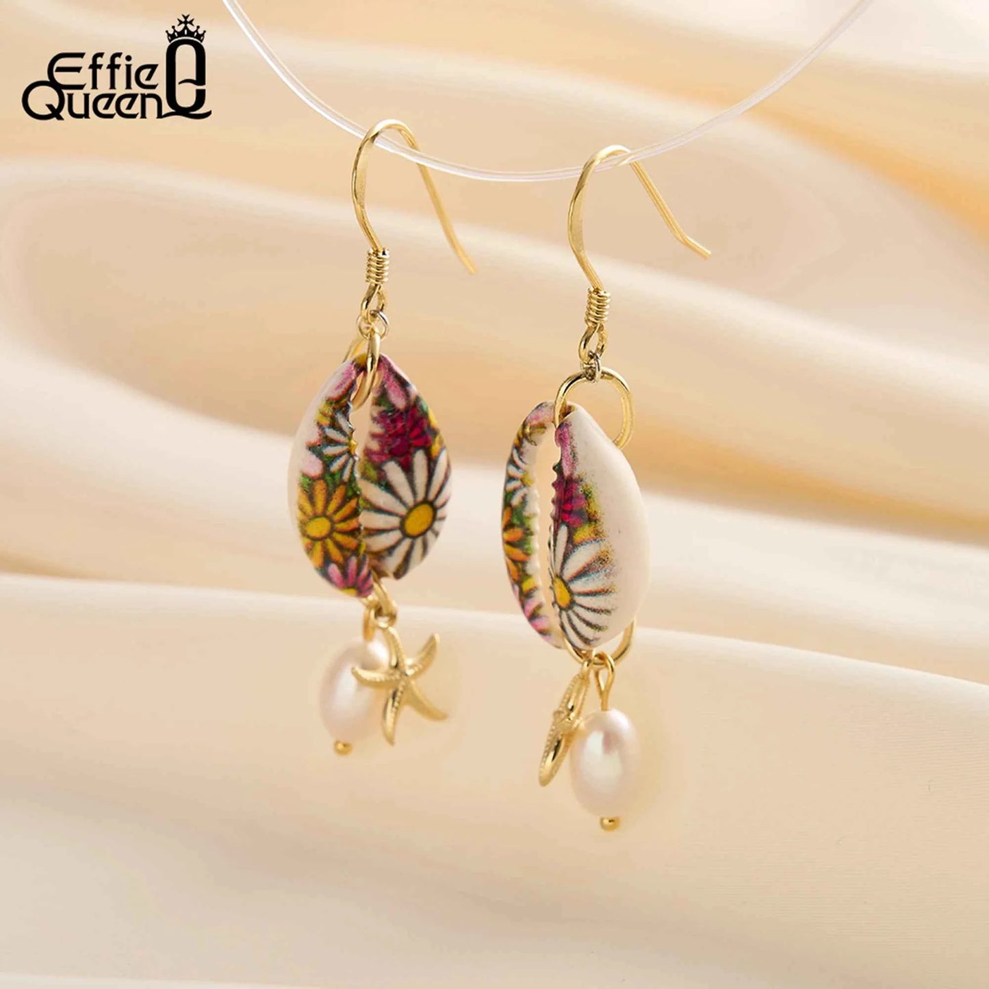 Effie Queen Natural Freshwater Pearls With Starfish Style & Floral Pattern Ornament 925 Sterling Silver Dangle Earrings GPE117