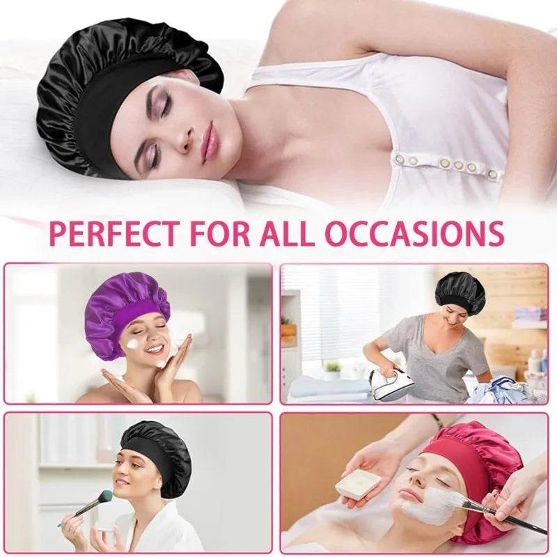 Women Satin Shower Cap - Bathroom Satin Solid Color Stretch Bonnets Hair Hat for Daily Use and Beauty - NamafadStore
