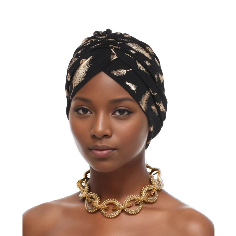 Feather Gold Stamping Fabric Turban Cap for Women African Wrap Head Bonnet Muslim Under Scarf Hat Turbante Mujer - NamafadStore