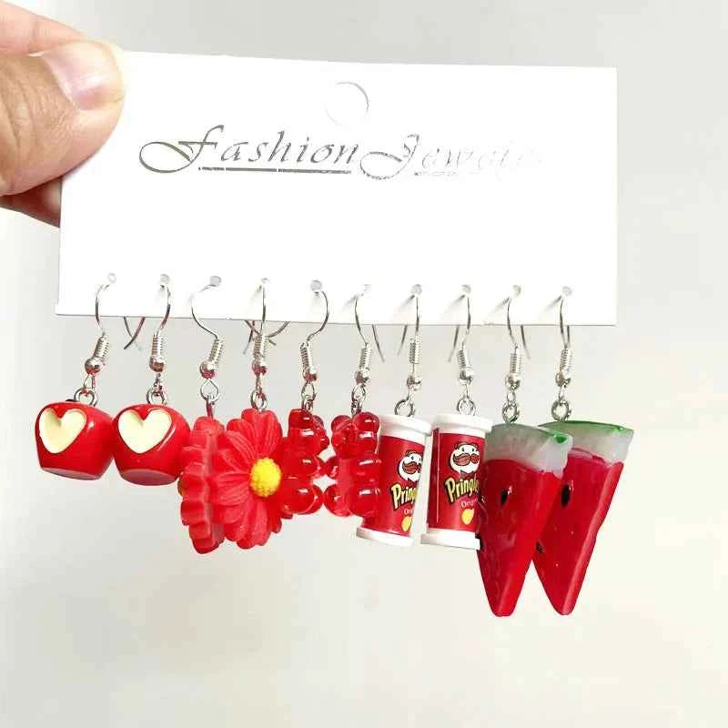 5 Pair Set Small Fresh Colored Resin Pendant Earrings Art Sweet and Cute Fruit Animal Milk Tea Earrings Female