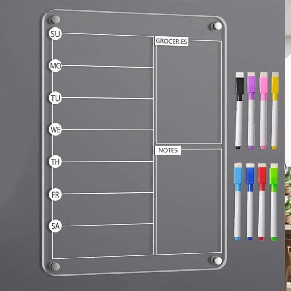 3D Magnetic Acrylic Weekly Planner – Reusable Fridge Calendar with 5 Markers