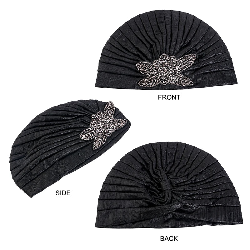 New Women Rhinestone Flower Pleated Turban Cap Ethnic Indian Hat Vintage Non Slip Head Band Chemo Cap Beanies Hair Accessories - NamafadStore