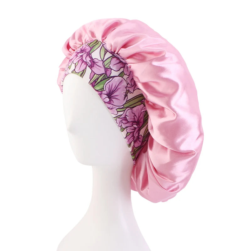 New Big Size Floral Print Bonnet Satin Wide Elastic Band Beanie Night Sleep Caps Head Cover African Headwrap Turban Chemo Caps - NamafadStore