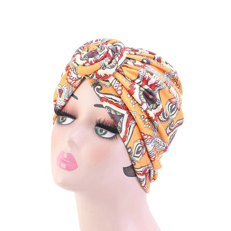 New African Print Pleated Turban Floral Beanie Knot Flower India Head Wrap Elegant Women Chemo Cap Bandana Headwear Head Cover - NamafadStore