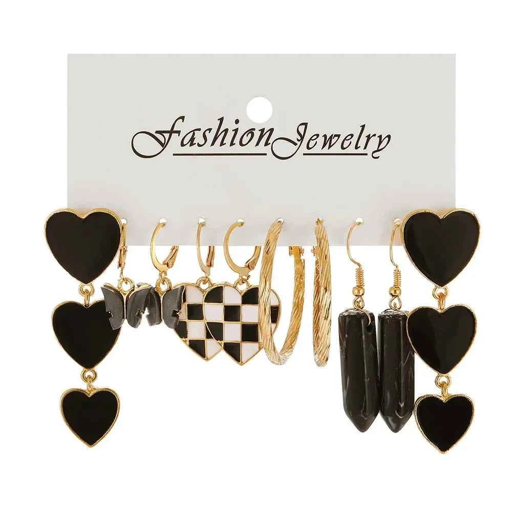 12Pcs Classic Fashion Butterfly Heart Drop Dangle Earrings for Women Charm Gold Color Enamel Pearl Hoop Earring Punk Jewelry Set
