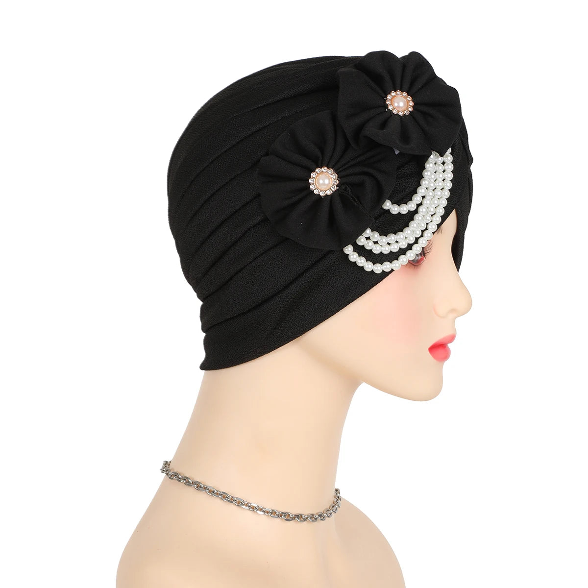 Pearls Beading Turban Cap for Women Flower Design Female Head Wraps Muslim Headscarf Bonnet Hairloss Hat Cover - NamafadStore