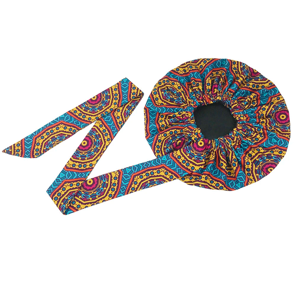 New African Ankara Pattern Satin Linned Bonnet Women Long Ribbon Headwrap Double Layer Headscarf Big Size Adult Hair Cover
