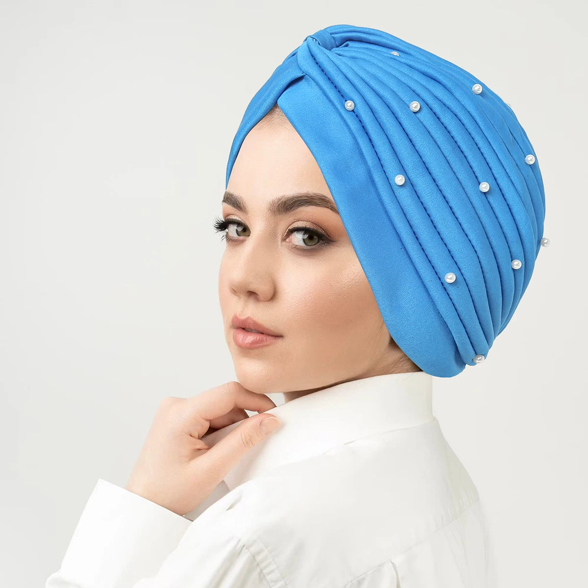 Solid Color Pearl Crinkle Women Muslim Hijab Caps Wrap Head Soft Elastic Ladies Turban Bonnet Islamic Clothing Accessories - NamafadStore