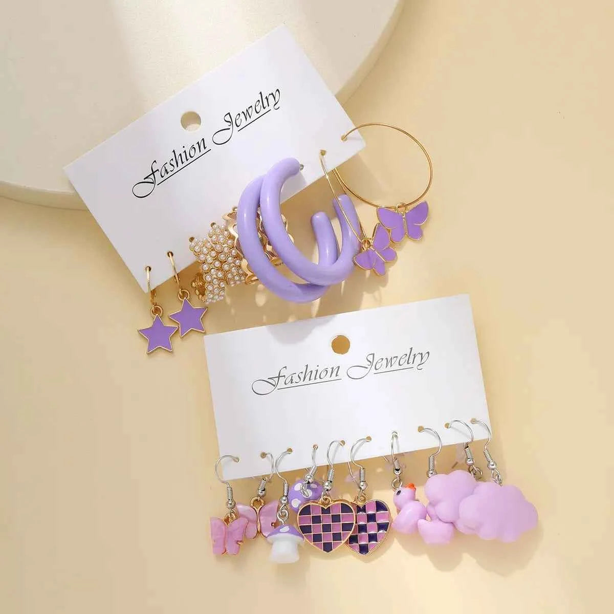 10pcs Set Of Ladies Earrings Purple Pentagram Creative Pearl Duck Mushroom Cartoon Earrings