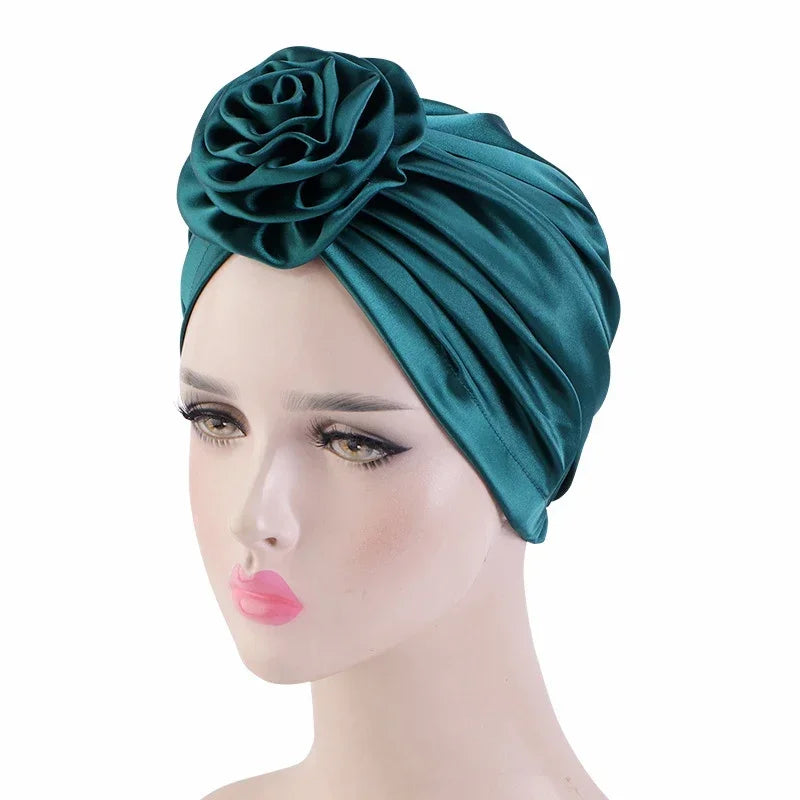 Big Flower Muslim Women Turban Satin Head Wrap Hijab Sleep Night Hat Chemo Cap Indian Elastic Beanie Ladies Hair Loss Headwear - NamafadStore