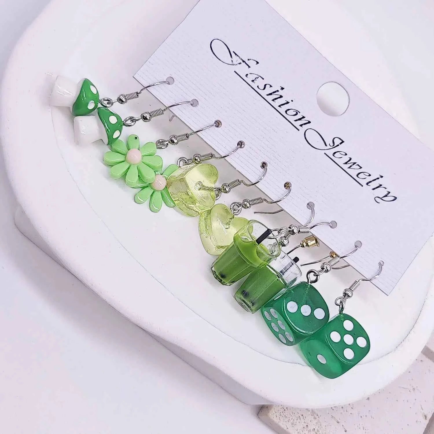 Cross border Fashion Sweet Cartoon Flower Ice Block Resin Simulation Food Milk Tea Green Earrings Earrings Earrings Set