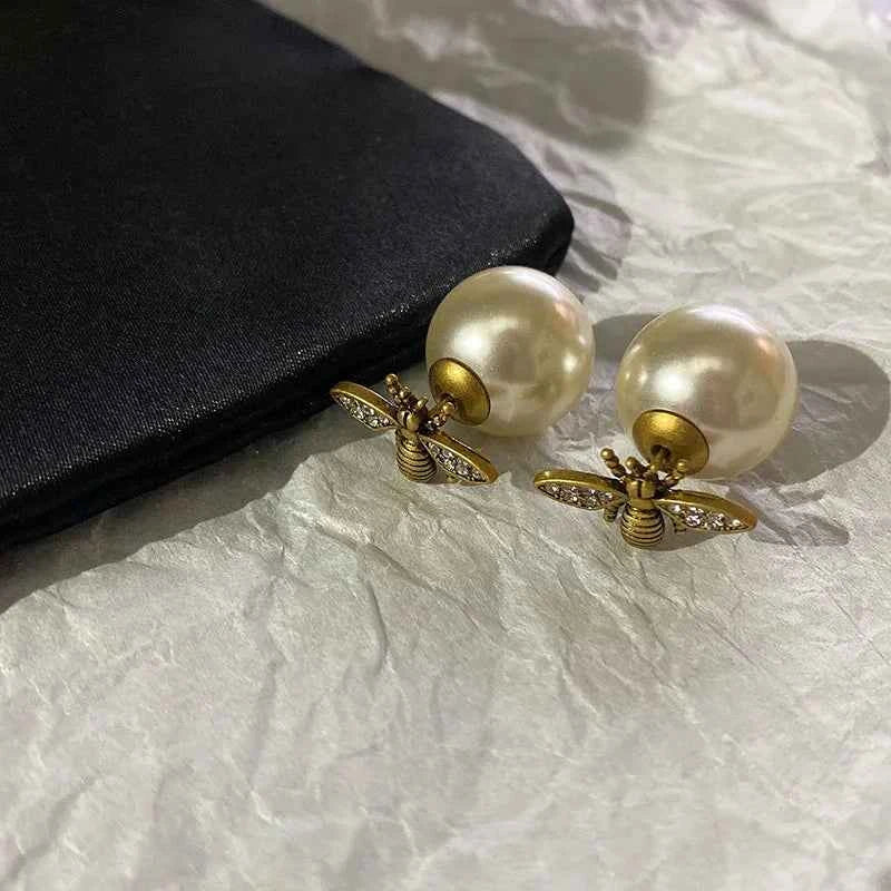 New Arrival Stud Earrings Fashion Animal Metal Women Trendy Bees Pearl Double-sided Two-wear Earrings Light Luxury Jewelry